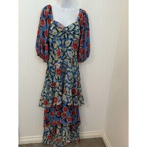 Anthropologie Hutch Frutas tiered fruit print dress Size 6 Maxi Blue New